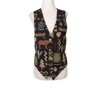 Vintage 90s Nadia black and brown moose nature tapestry vest L